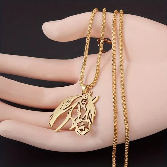 Horse Head Stainless Steel Pendant Necklace Gold Finish - Picture 5 of 5